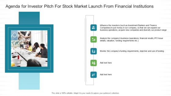 Agenda For Investor Pitch For Stock Market Launch From Financial Institutions Ppt Infographics Aids PDF