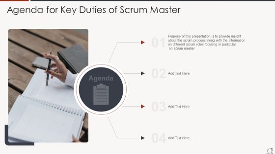 Agenda For Key Duties Of Scrum Master Themes PDF