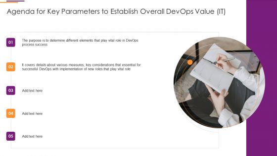 Agenda For Key Parameters To Establish Overall Devops Value It Slides PDF