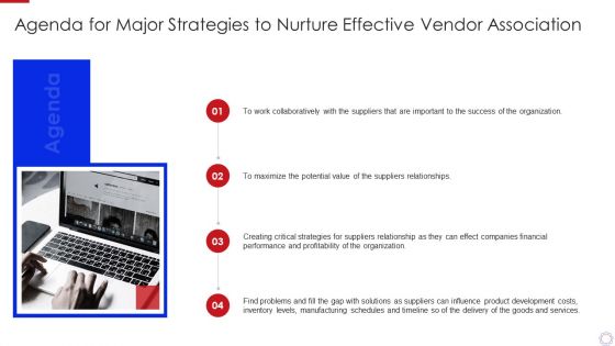 Agenda For Major Strategies To Nurture Effective Vendor Association Infographics PDF Agenda For Major Strategies To Nurture Effective Vendor Association Infographics PDF