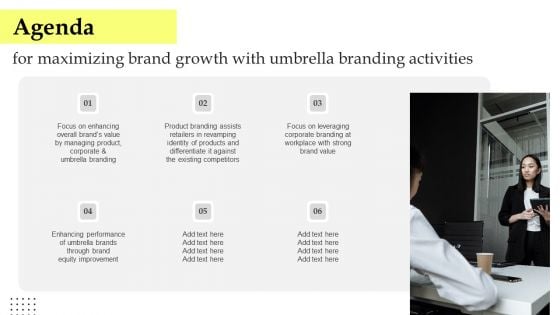 Agenda For Maximizing Brand Growth With Umbrella Branding Activities Diagrams PDF