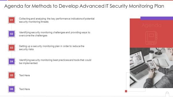 Agenda For Methods To Develop Advanced IT Security Monitoring Plan Graphics PDF