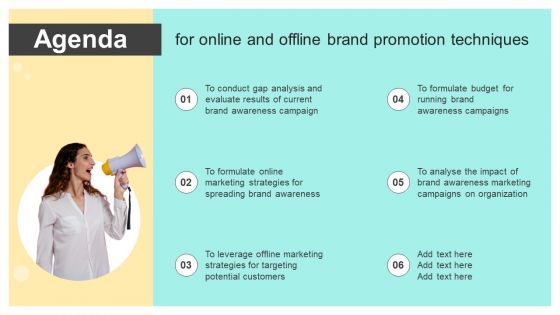 Agenda For Online And Offline Brand Promotion Techniques Icons PDF