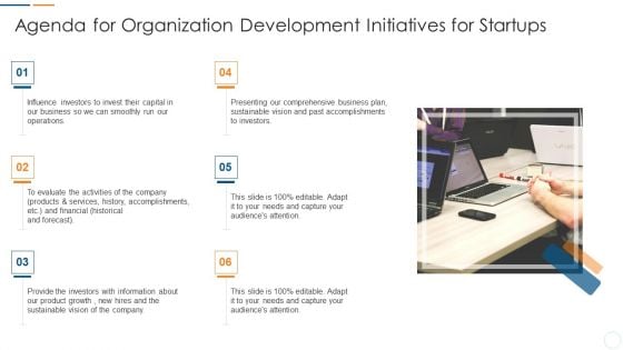 Agenda For Organization Development Initiatives For Startups Designs PDF