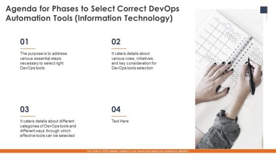 Agenda For Phases To Select Correct Devops Automation Tools Information Technology Topics PDF