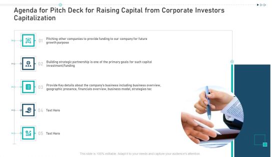 Agenda For Pitch Deck For Raising Capital From Corporate Investors Capitalization Graphics PDF Agenda For Pitch Deck For Raising Capital From Corporate Investors Capitalization Graphics PDF