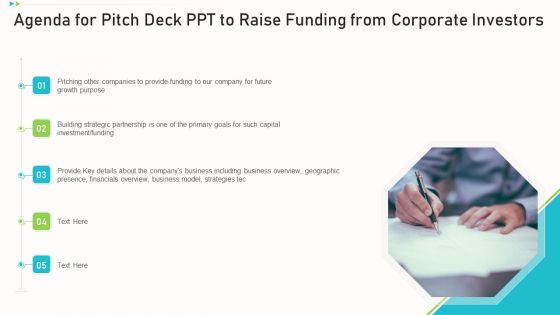 Agenda For Pitch Deck Ppt To Raise Funding From Corporate Investors Ppt Summary Aids PDF