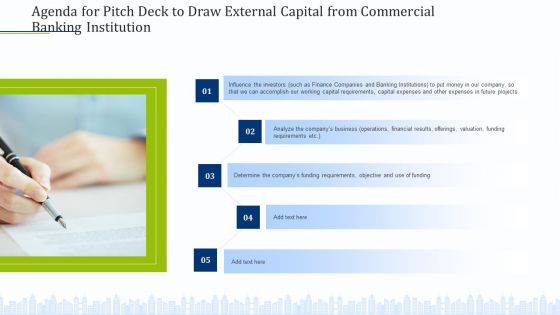 Agenda For Pitch Deck To Draw External Capital From Commercial Banking Institution Diagrams PDF