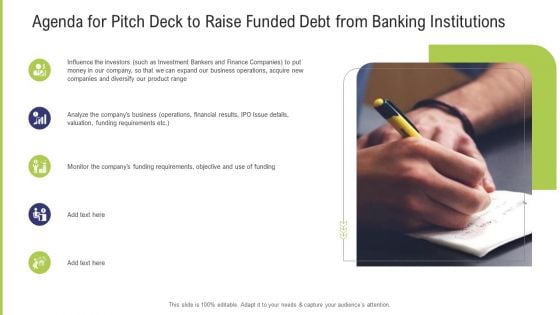 Agenda For Pitch Deck To Raise Funded Debt From Banking Institutions Ppt Model Samples PDF