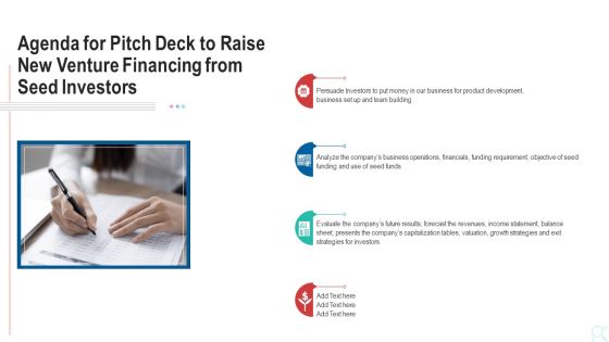 Agenda For Pitch Deck To Raise New Venture Financing From Seed Investors Demonstration PDF