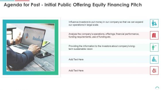 Agenda For Post Initial Public Offering Equity Financing Pitch Ppt Inspiration Icons PDF