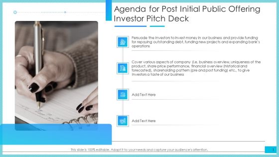 Agenda For Post Initial Public Offering Investor Pitch Deck Ppt Styles Backgrounds PDF
