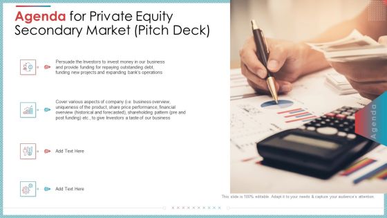 Agenda For Private Equity Secondary Market Pitch Deck Ppt Slides Microsoft PDF
