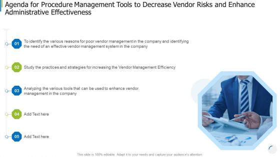 Agenda For Procedure Management Tools To Decrease Vendor Risks And Enhance Administrative Effectiveness Inspiration PDF