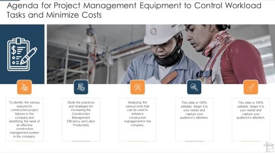 Agenda For Project Management Equipment To Control Workload Tasks And Minimize Costs Designs PDF