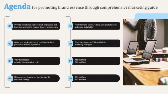 Agenda For Promoting Brand Essence Through Comprehensive Marketing Guide Designs PDF