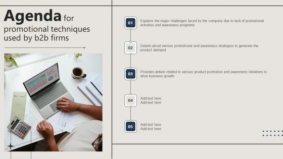 Agenda For Promotional Techniques Used By B2B Firms Designs PDF