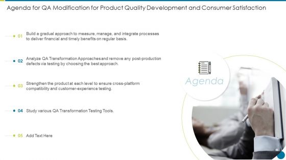 Agenda For QA Modification For Product Quality Development And Consumer Satisfaction Elements PDF