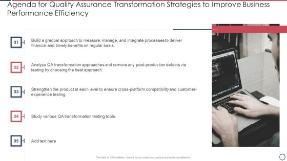 Agenda For Quality Assurance Transformation Strategies To Improve Business Performance Efficiency Graphics PDF Agenda For Quality Assurance Transformation Strategies To Improve Business Performance Efficiency Graphics PDF