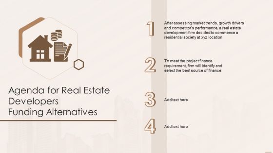 Agenda For Real Estate Developers Funding Alternatives Background PDF Agenda For Real Estate Developers Funding Alternatives Background PDF