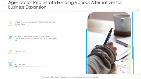 Agenda For Real Estate Funding Various Alternatives For Business Expansion Ppt Portfolio Display PDF