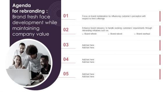 Agenda For Rebranding Brand Fresh Face Development While Maintaining Company Value Slides PDF