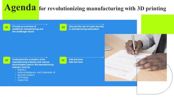 Agenda For Revolutionizing Manufacturing With 3D Printing Slides PDF