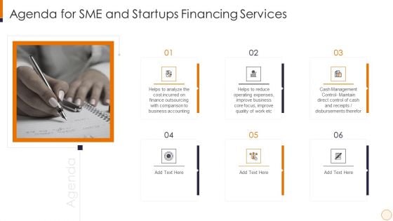 Agenda For SME And Startups Financing Services Slides PDF