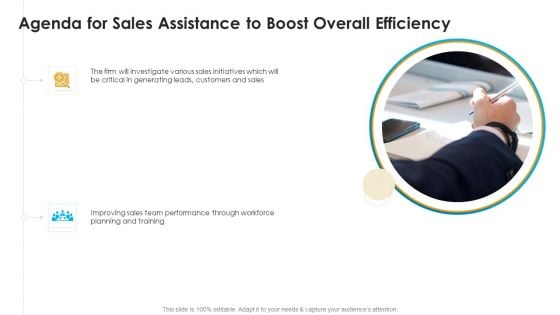 Agenda For Sales Assistance To Boost Overall Efficiency Ppt Slides Master Slide PDF