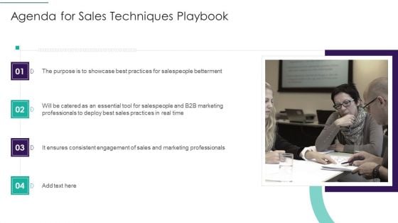 Agenda For Sales Techniques Playbook Template PDF Agenda For Sales Techniques Playbook Template PDF