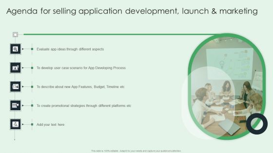 Agenda For Selling Application Development Launch And Marketing Topics PDF