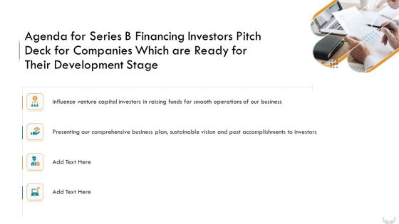 Agenda For Series B Financing Investors Pitch Deck For Companies Which Development Stage Mockup PDF Agenda For Series B Financing Investors Pitch Deck For Companies Which Development Stage Mockup PDF
