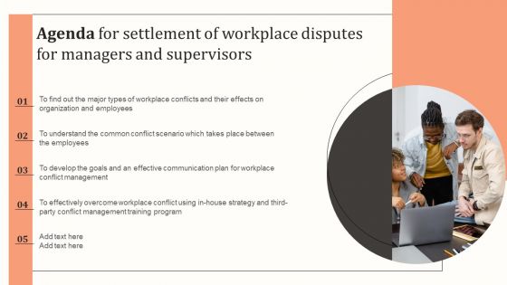 Agenda For Settlement Of Workplace Disputes For Managers And Supervisors Information PDF