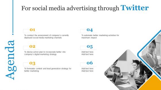 Agenda For Social Media Advertising Through Twitter Portrait PDF