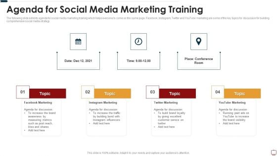 Agenda For Social Media Marketing Training Ppt Icon Layouts PDF