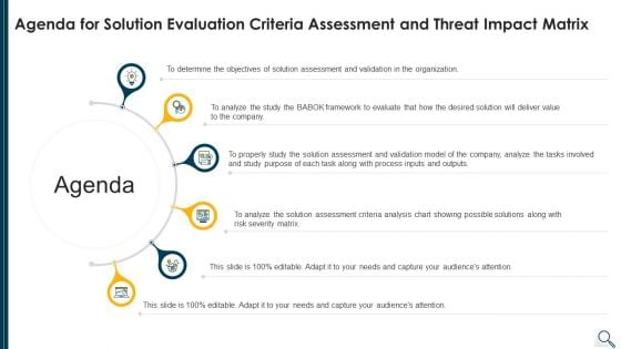 Agenda For Solution Evaluation Criteria Assessment And Threat Impact Matrix Summary PDF