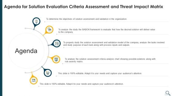 Agenda For Solution Evaluation Criteria Assessment And Threat Impact Matrix Summary PDF Agenda For Solution Evaluation Criteria Assessment And Threat Impact Matrix Summary PDF