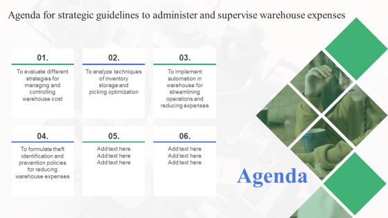 Agenda For Strategic Guidelines To Administer And Supervise Warehouse Expenses Diagrams PDF