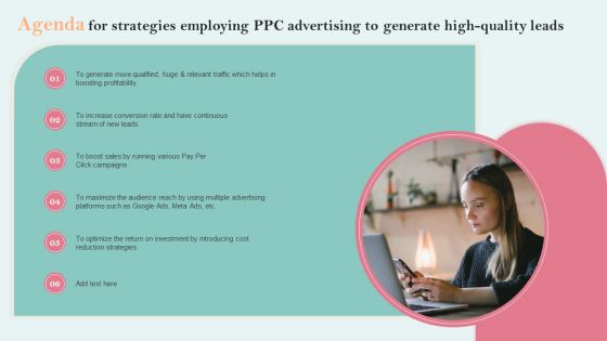 Agenda For Strategies Employing PPC Advertising To Generate High Quality Leads Demonstration PDF