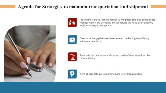 Agenda For Strategies To Maintain Transportation And Shipment Ppt Model Clipart PDF