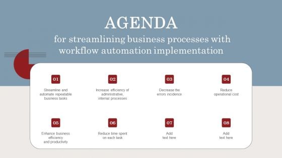 Agenda For Streamlining Business Processes With Workflow Automation Implementation Portrait PDF