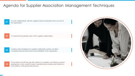 Agenda For Supplier Association Management Techniques Demonstration PDF