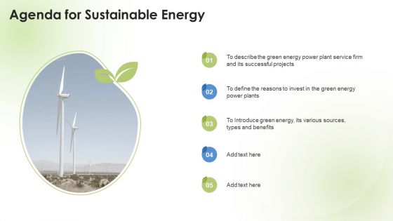 Agenda For Sustainable Energy Ppt PowerPoint Presentation Show Slide Portrait PDF