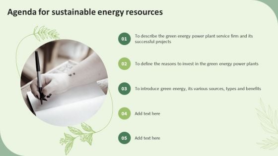 Agenda For Sustainable Energy Resources Ppt PowerPoint Presentation Icon Files PDF