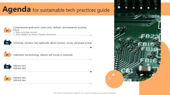 Agenda For Sustainable Tech Practices Guide Ppt Professional Images PDF