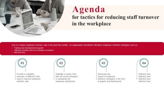 Agenda For Tactics For Reducing Staff Turnover In The Workplace Portrait PDF