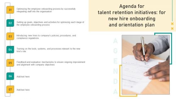 Agenda For Talent Retention Initiatives For New Hire Onboarding And Orientation Plan Inspiration PDF