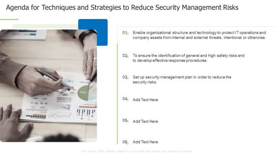 Agenda For Techniques And Strategies To Reduce Security Management Risks Themes PDF Agenda For Techniques And Strategies To Reduce Security Management Risks Themes PDF