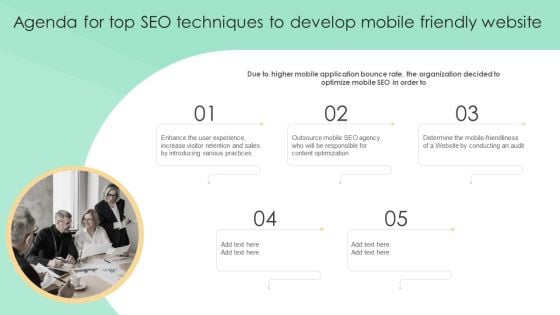 Agenda For Top SEO Techniques To Develop Mobile Friendly Website Inspiration PDF