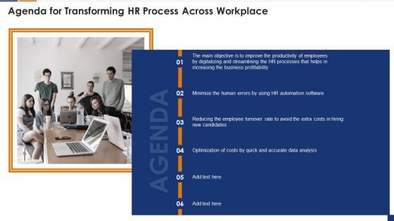 Agenda For Transforming HR Process Across Workplace Ppt Ideas Example Topics PDF